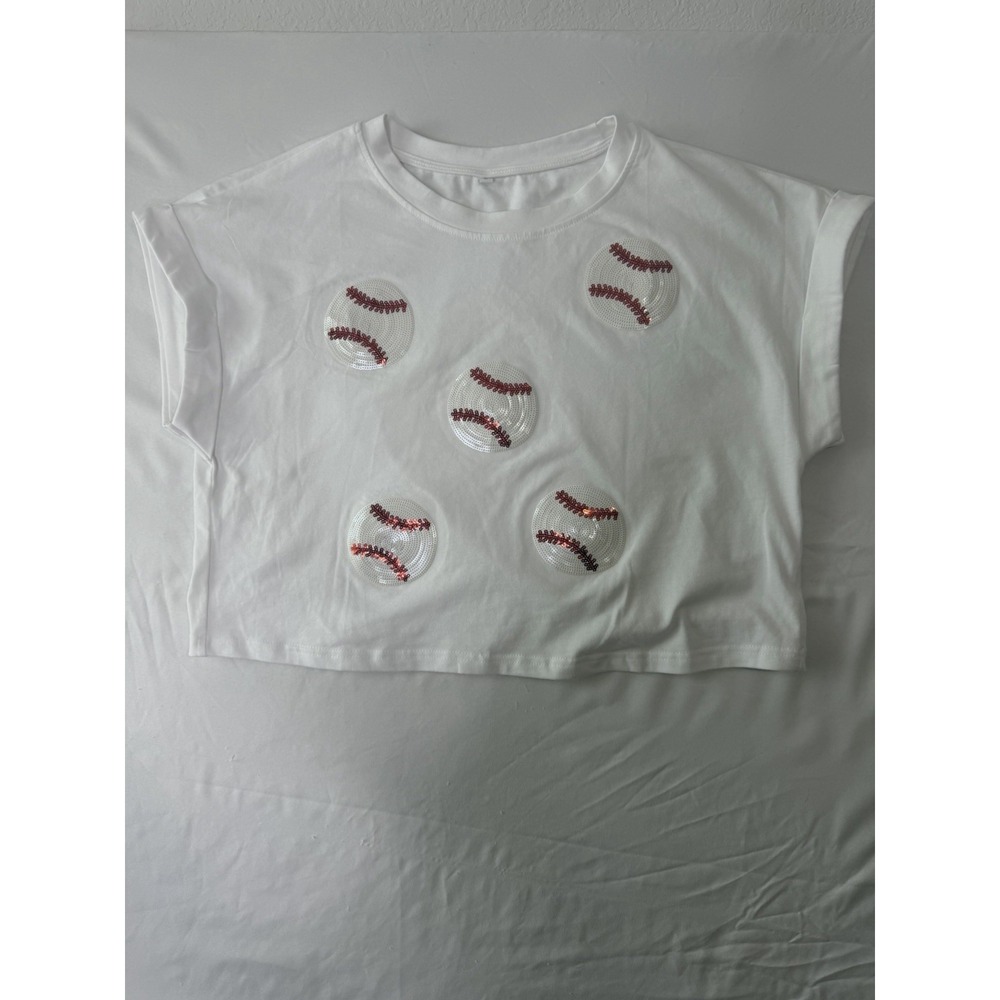 Womens Large White Crop Top Sequin Baseball Graphic Tee Short Sleeve Casual